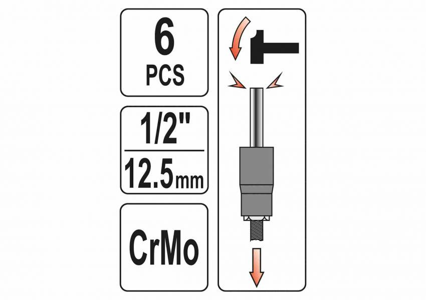 Набір екстракторів для видалення зламаних гвинтів та гайок YATO: квадрат-1/2", 17-27 мм, Cr-Mo, 6 шт.-YT-06032