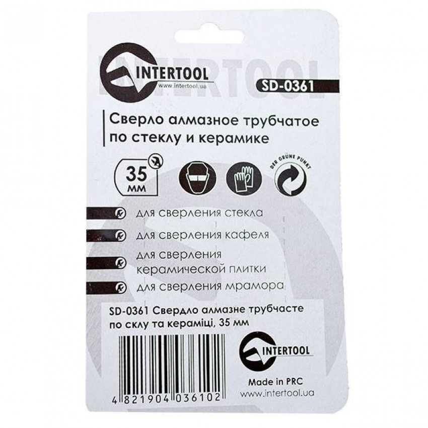 Коронка трубчаста по склу та кераміці 35 мм INTERTOOL SD-0361-SD-0361