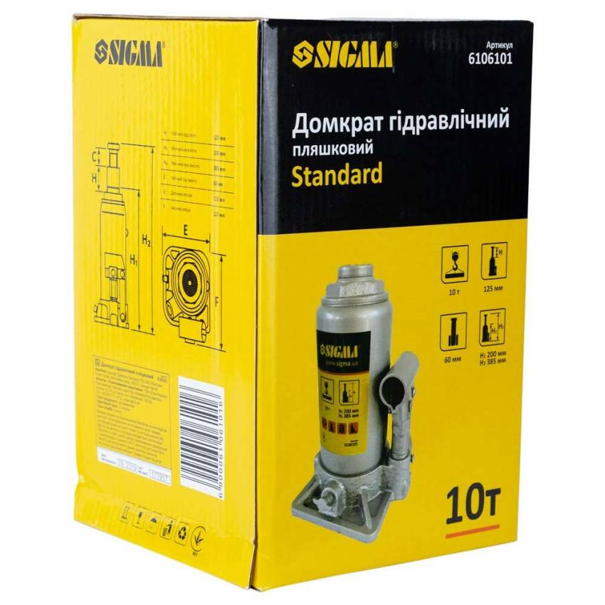 Домкрат гідравлічний пляшковий 10т H 200-385мм Standard Sigma (6106101)-6106101