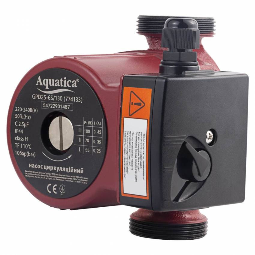 Насос циркуляційний 100Вт Hmax 6м Qmax 75л/хв Ø1½" 130мм гайки Ø1" AQUATICA (774133)-774133