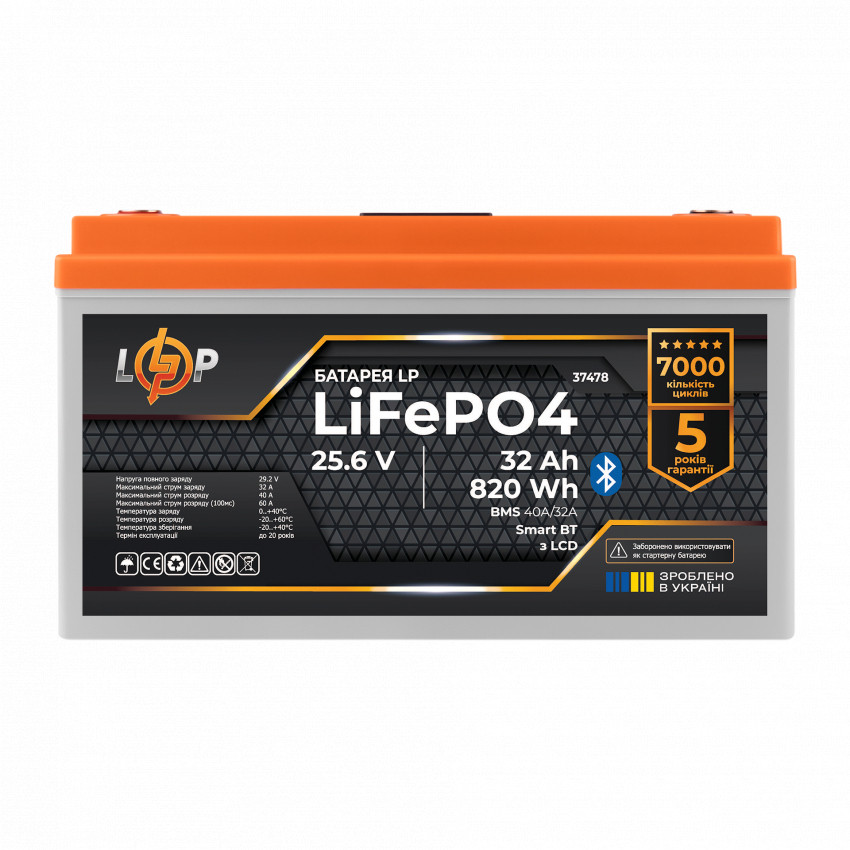 Акумулятор LP LiFePO4 25,6V - 32 Ah (820Wh) (BMS 40А/32A) пластик LCD Smart BT-