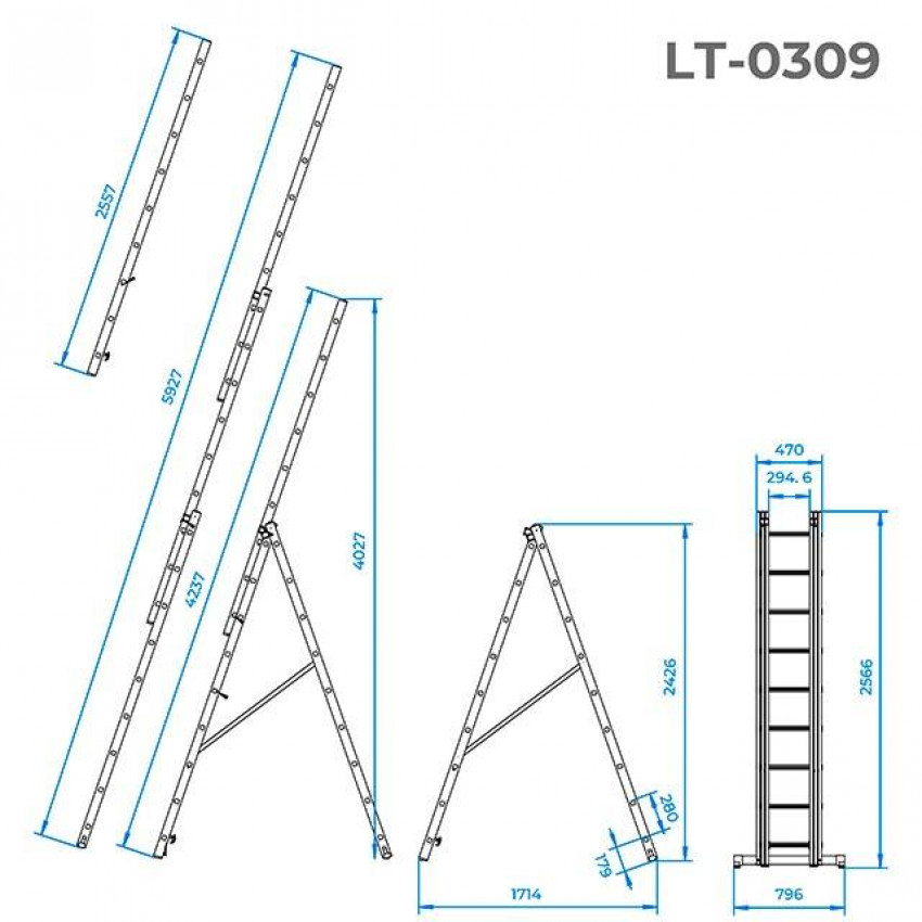 Драбина з алюмінію, 3-секційна універсальна розкладна, 3х9 сход., 5,93 м INTERTOOL LT-0309-LT-0309