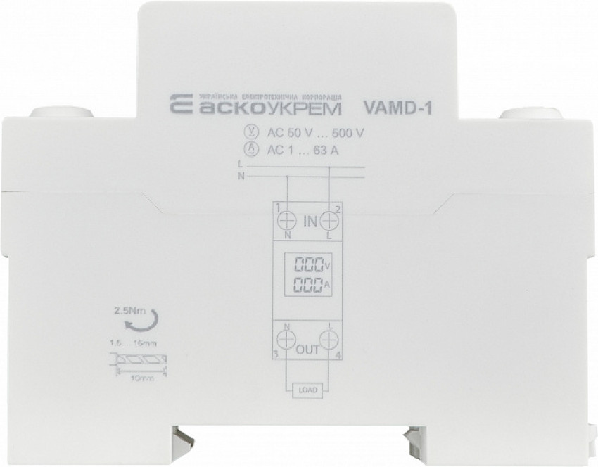 Вольтметр-амперметр цифровий модульний однофазний AC 50-500V 1-63A [A0010250003] VAMD-1 АСКО-A0010250003