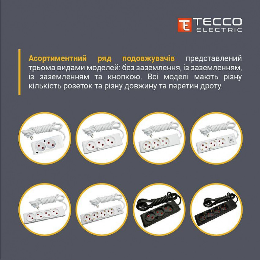 Подовжувач ТЕССО 6 постів із заземленням з вимикачем 3м (3*1) білий 1шт/уп-102 602 03