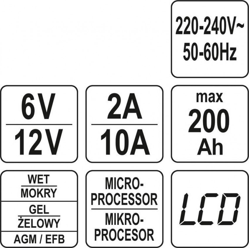 Зарядний прилад мережевий з LCD дисплеєм 230В YATO до акумуляторів 6V-2А 12V-10А, макс. 240AГод-YT-83002