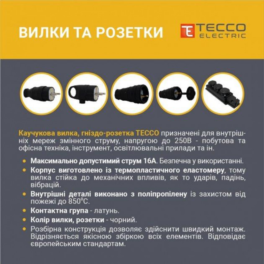 Гніздо ТЕССО Каучук із заземленням 16А, 250B~ чорне 1шт/уп-TA 4001