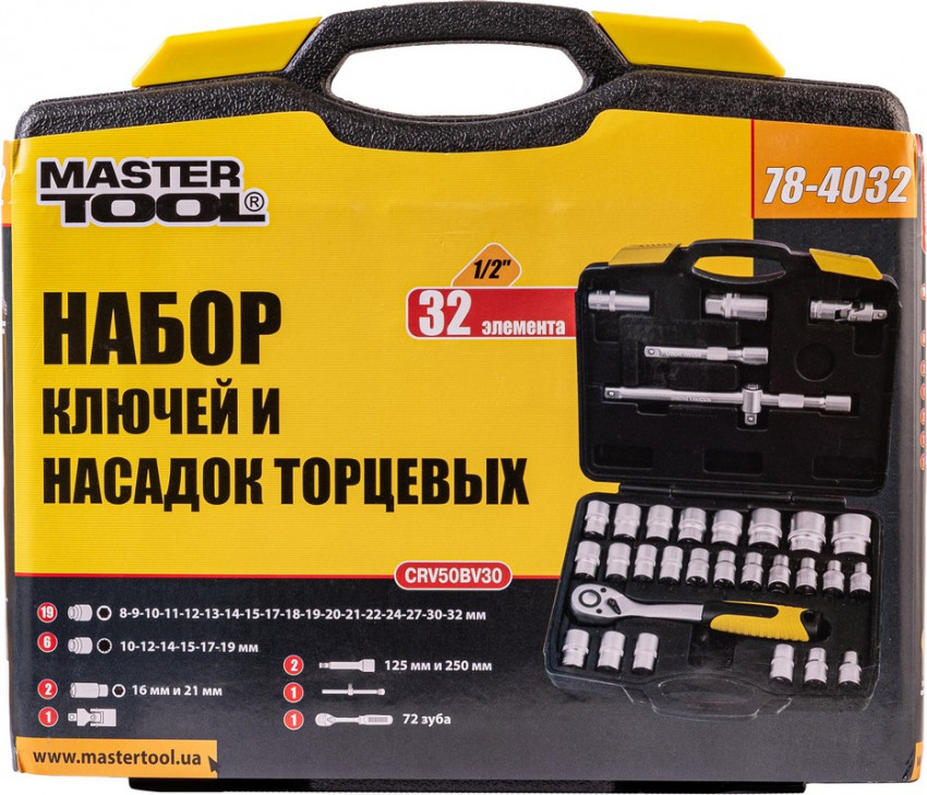 Набір насадок торцевих MASTERTOOL PROFI CrV 1/2" 8-32 мм тріскачка 72Т 32 шт кейс 78-4032-78-4032