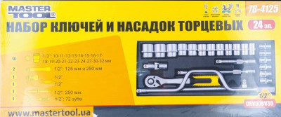 Набір насадок торцевих MASTERTOOL PROFI CrV 1/2&quot; 10-32 мм тріскачка 72Т 24 шт металевий кейс гнутий вороток 78-4125