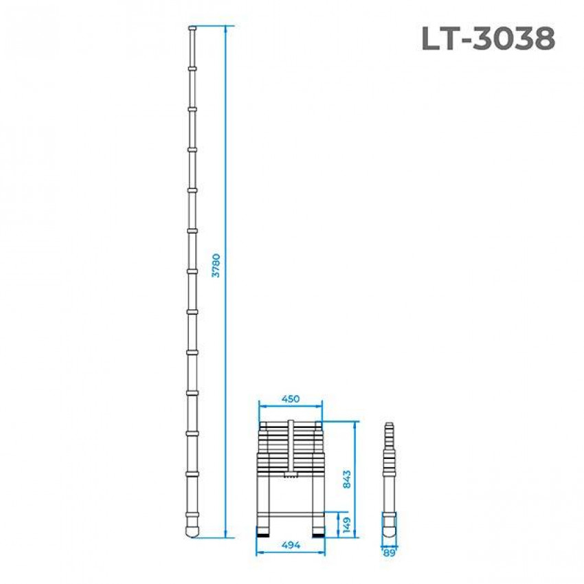 Драбина з алюмінію, телескопічна 12 сход., 3,78 м INTERTOOL LT-3038-LT-3038