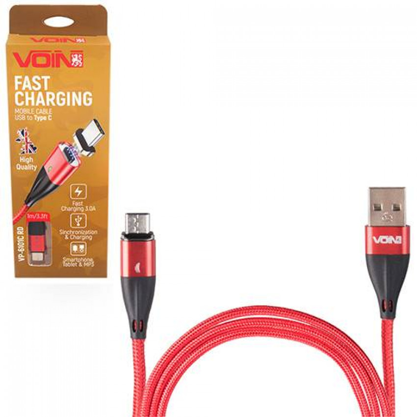 Кабель магнітний VOIN USB - Type C 3А, 1m, red (швидка зарядка / передача даних)-VP-6101C RD