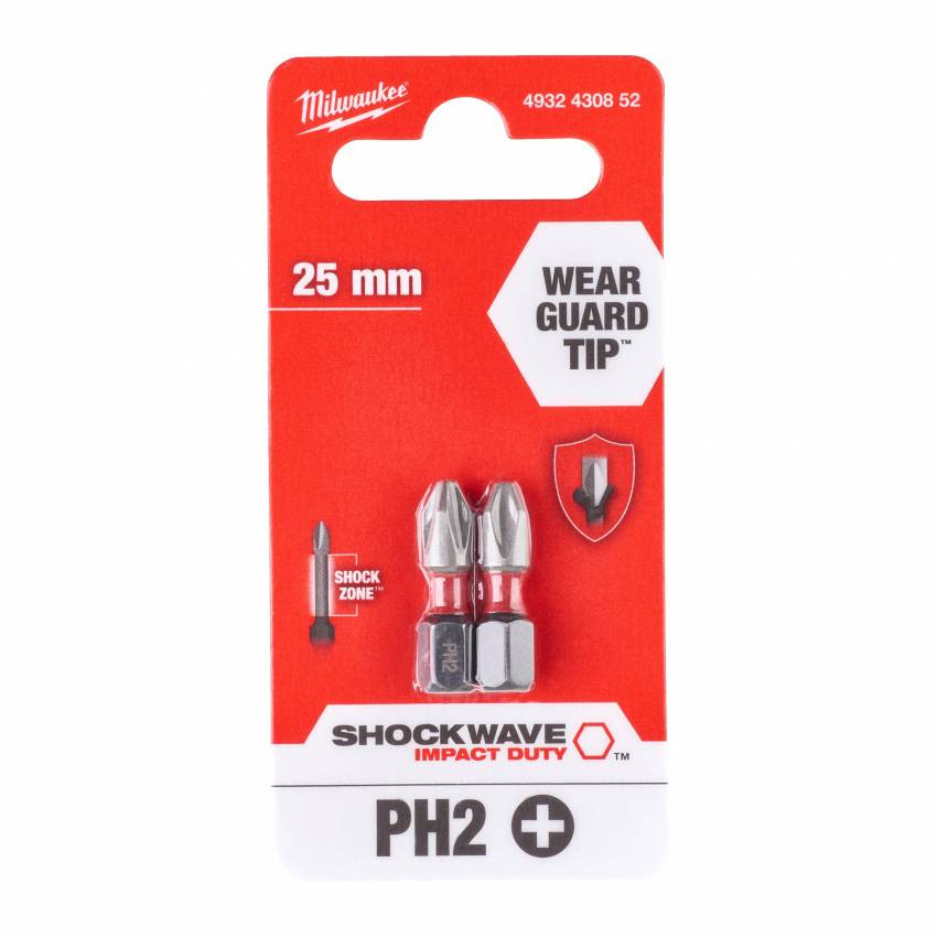 Біта SHOCKWAVE MILWAUKEE, PH2, 25мм, (2шт)-4932430852