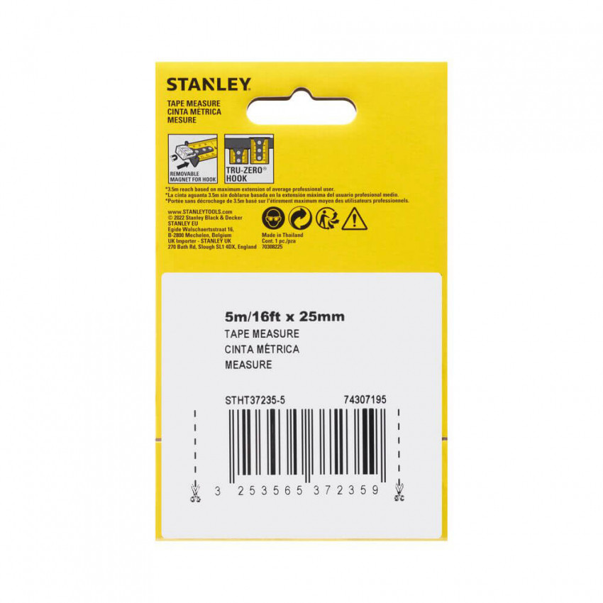 Рулетка вимірювальна CONTROL-LOCK довжиною 5 м/16, шириною 25 мм, в обгумованому корпусі, з подвійною шкалою STANLEY STHT37235-5-STHT37235-5