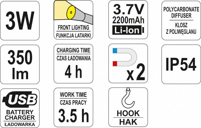 Ліхтар світлодіодний COB LED акумул. YATO Li-Ion 3.7 В, 2.2 АГод, 3 1 Вт, 350 100 лм, гачок, магніт-YT-08560