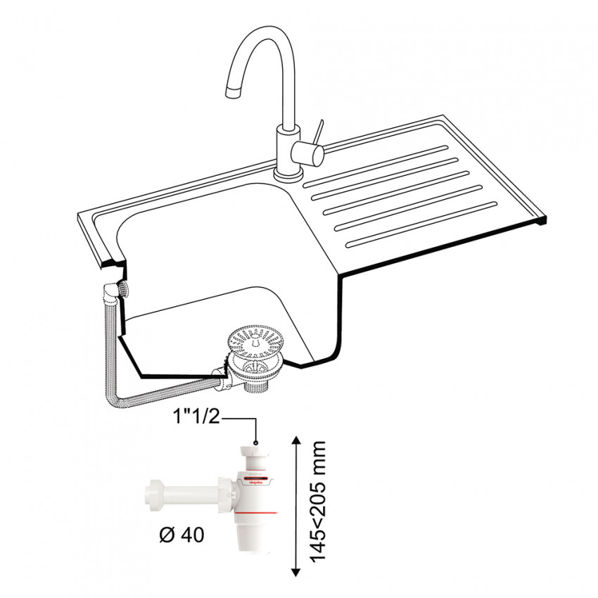 Сифон для кухонної мийки Neo Air 1½"×Ø40мм з відведенням WIRQUIN (9542330)-9542330