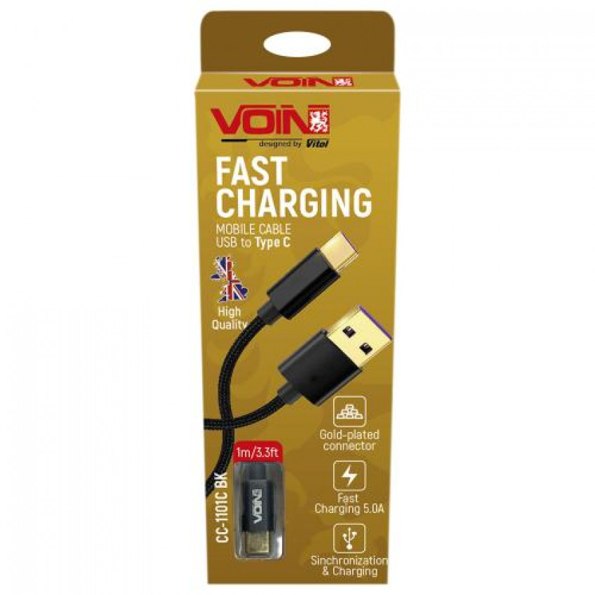 Кабель VOIN CC-1101C BK USB - Type C 5А, 1m, black (супер швидка зарядка/передача даних) (CC-1101C BK)-CC-1101C BK