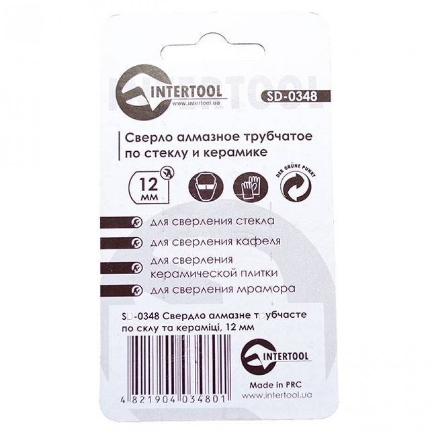 Коронка трубчаста по склу та кераміці 12 мм INTERTOOL SD-0348-SD-0348