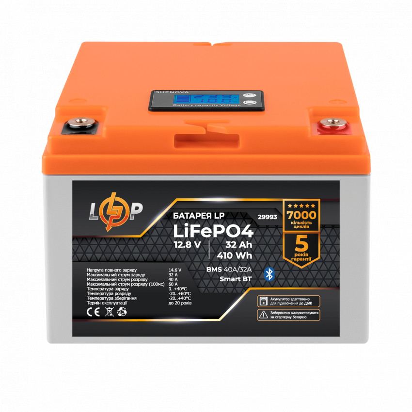 Акумулятор LP LiFePO4 12,8V - 32 Ah (410Wh) (BMS 40А/32A) пластик LCD Smart BT-