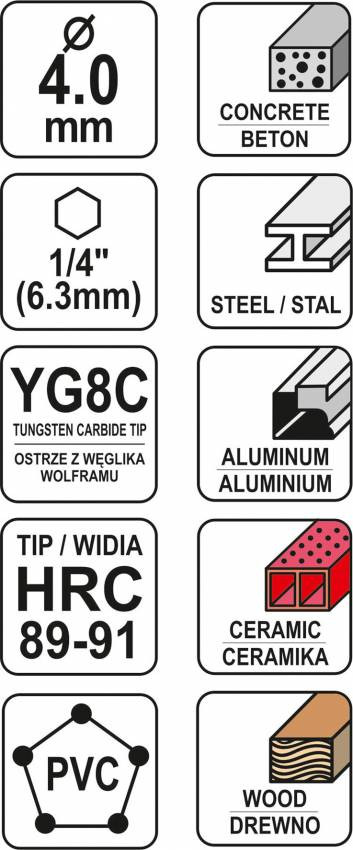 Свердло універсальне YATO: YG6X, Ø= 4 мм, l= 85/30 мм, HEX-1/4"-YT-44781