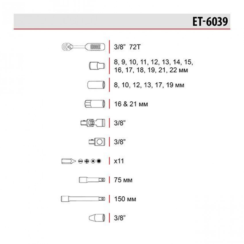 Набір інструментів професійний 39 од. 3/8" CrV INTERTOOL ET-6039-ET-6039