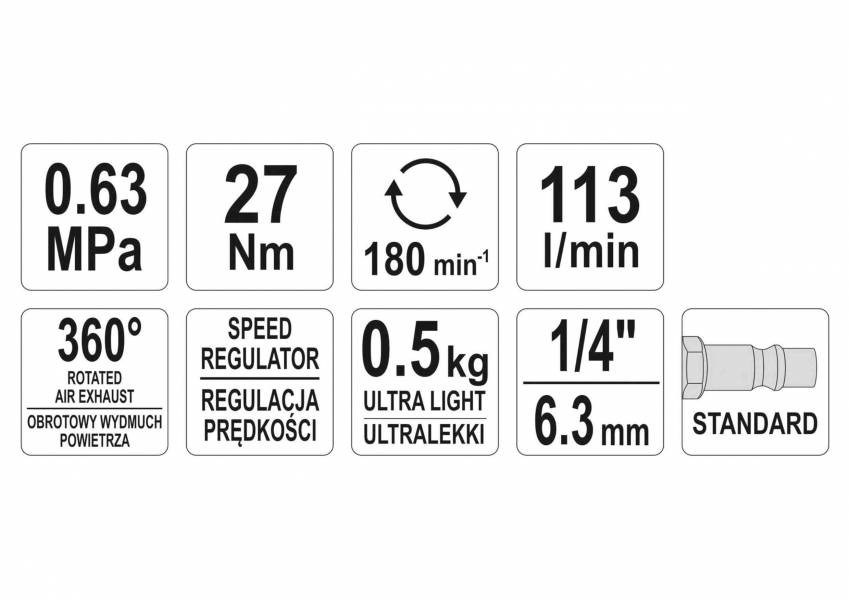 Тріщатка пневматична YATO: квадрат-1/4", F= 27 Нм, потреб. повітря-113 л/хв, тиск-6.3 Bar-YT-09795