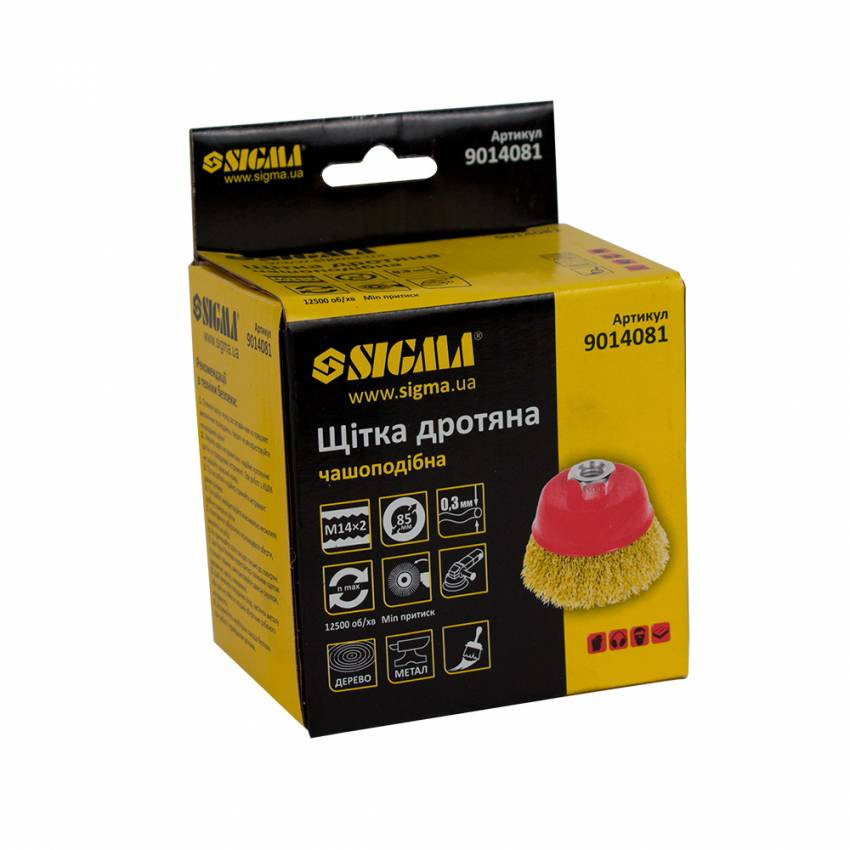 Щітка дротяна чашеподібна Ø85мм М14×2мм (латунированная) Sigma (9014081)-9014081