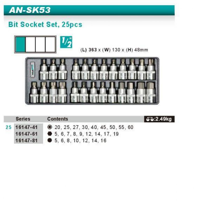 Набір головок зі вставкою Hex, Torx, Spline 1/2" 25од ложемент-AN-SK53