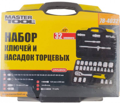 Набір насадок торцевих MASTERTOOL PROFI CrV 1/2&quot; 8-32 мм тріскачка 72Т 32 шт кейс 78-4032