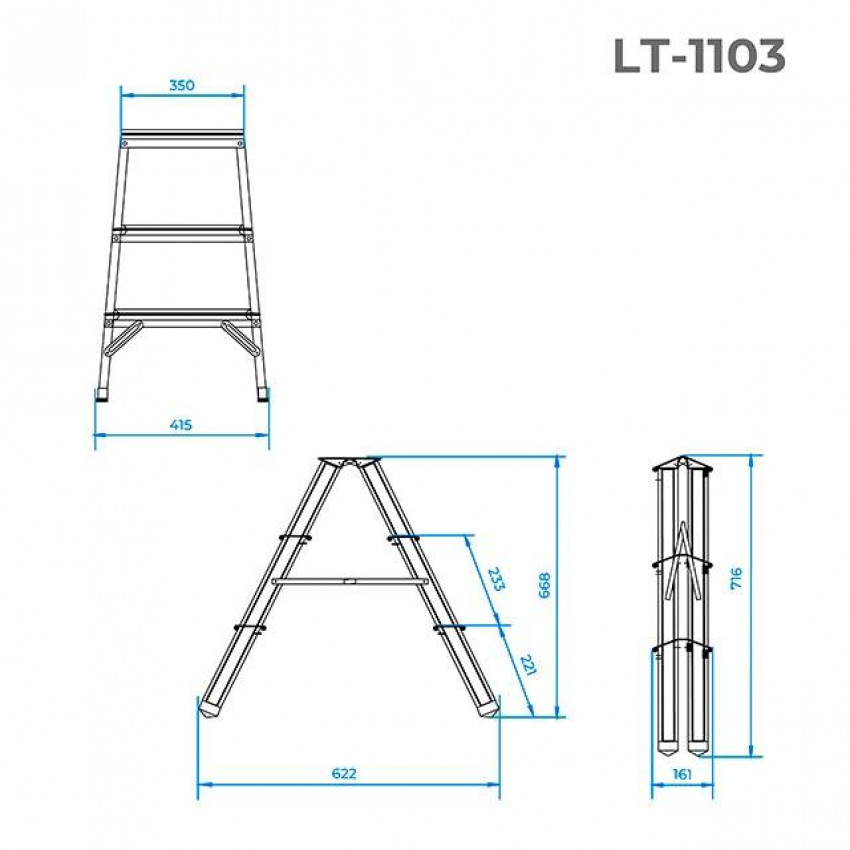 Стрем'янка алюмінієва двостороння 3 сходинки, висота - 668 мм INTERTOOL LT-1103-LT-1103