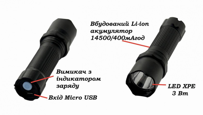 Ліхтар ручний  Quantum QM-FL1043 Minik black 3W LED  з USB 40шт/уп-QM-FL1043-B