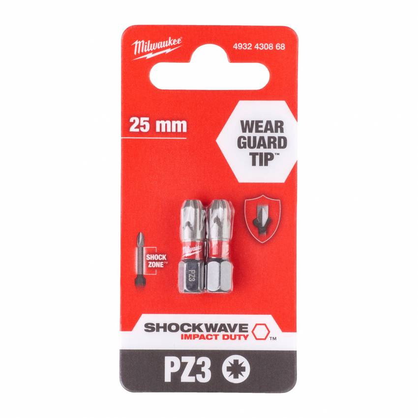 BIT SHOCKWAVE MILWAUKEE, PZ3, 25 мм, (2 шт.)-4932430868