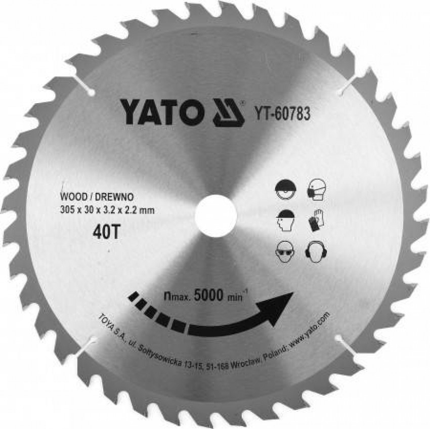 Диск пильний переможний по дереву YATO: 305x30x3.2x2.2 мм, 40 зубців, RPM до 5000 1/хв-YT-60783