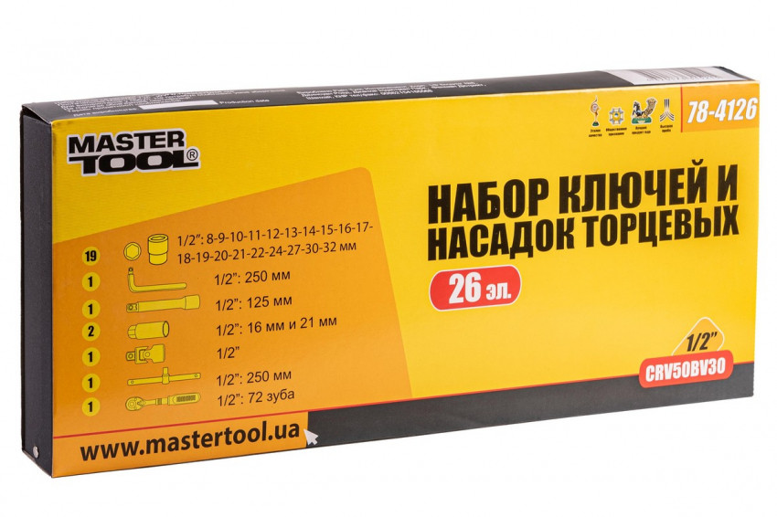 Набір насадок торцевих MASTERTOOL PROFI CrV 1/2" 8-32 мм тріскачка що подовжується 72Т 26 шт металевий кейс 78-4126-78-4126