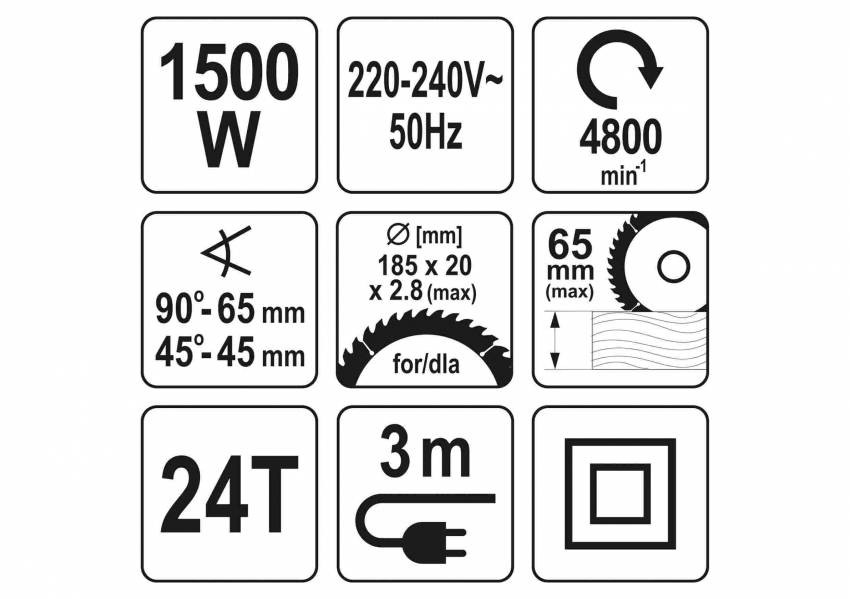 Пила дискова мережева YATO 1500 Вт диск 185 x 20 x 2.8 мм 0-45° 65 мм-YT-82152