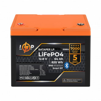 Акумулятор LP LiFePO4 12,8V - 64Ah (820Wh) (BMS 80A/64А) пластик Smart BT-[articul]