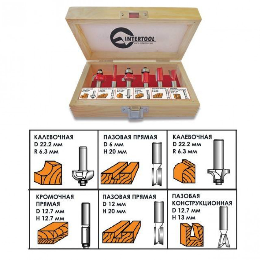 Набір фрез кінцевих по деревині, 6 шт INTERTOOL HT-0072-HT-0072