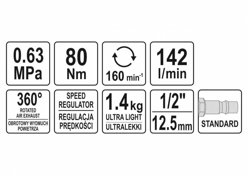 Тріщатка пневматична YATO: квадрат-1/2", F= 80 Нм, потреб. повітря-142 л/хв, тиск-6.3 Bar-YT-09803