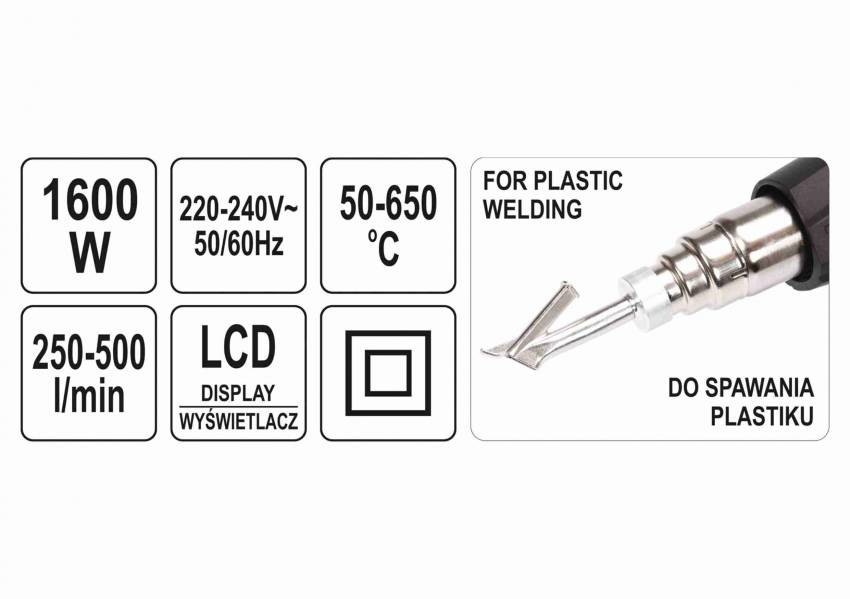 Фен технічний YATO 1.6 кВт 50-650°C 250-500л/хв 2 режими + 5 насадок-YT-82296