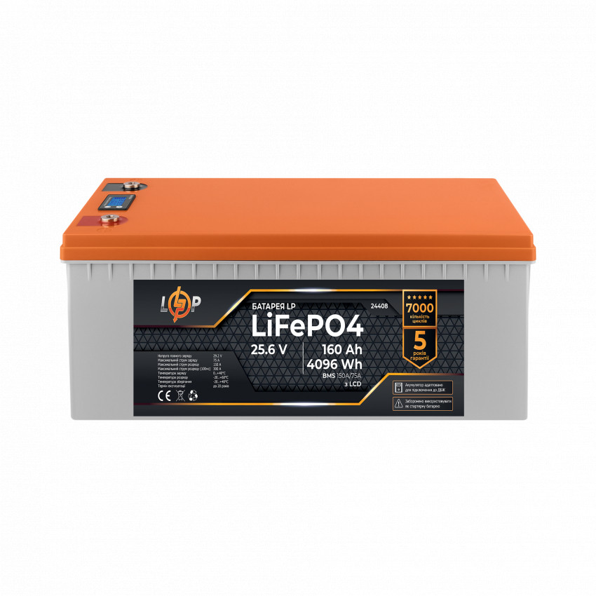 Акумулятор LP LiFePO4 25,6V - 160 Ah (4096Wh) (BMS 150A/75А) пластик LCD для ДБЖ-