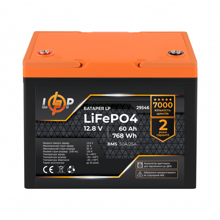 Акумулятор LP LiFePO4 12,8V - 60 Ah (768Wh) (BMS 50A/25А) пластик для ДБЖ-