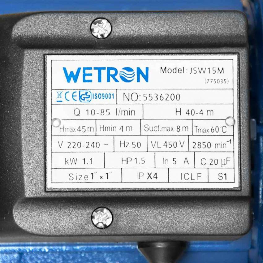 Насос відцентровий самовсмоктувальний 1,1кВт Hmax 45m Qmax 85л/хв Wetron (775035)-775035