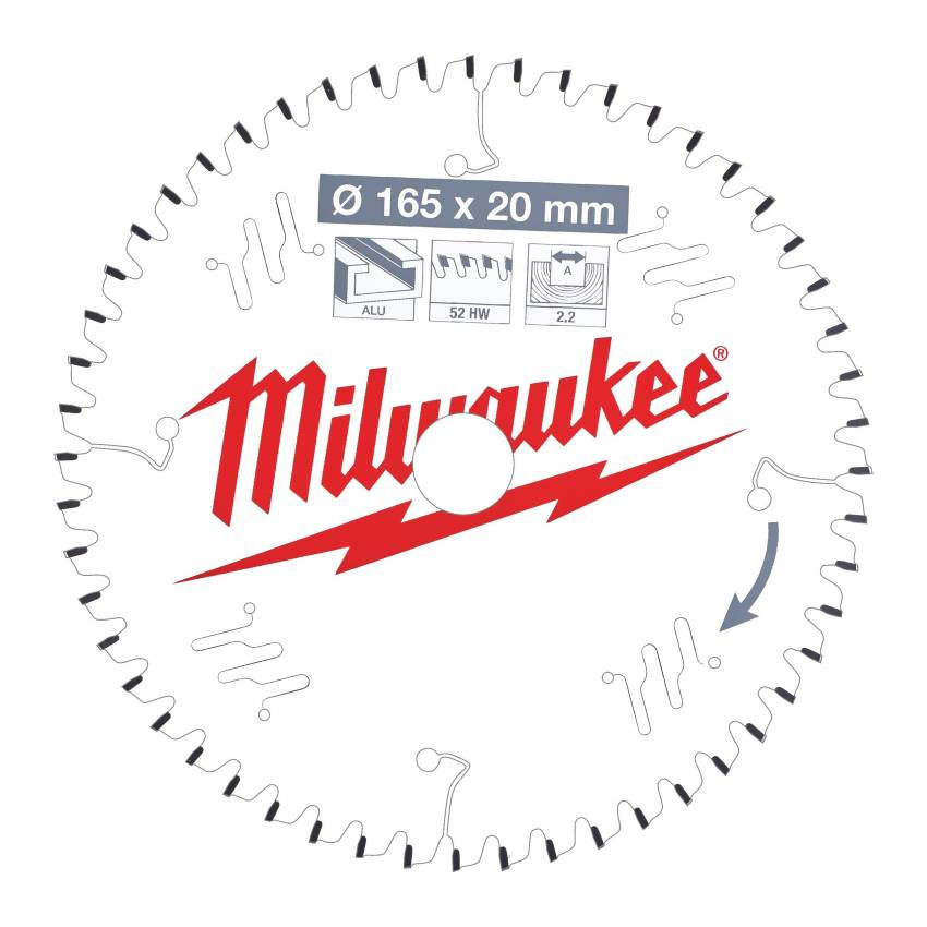 Диск пильний Alu PFTE MILWAUKEE, Ø165х20х2, 2мм, 52 зуб.-4932471296