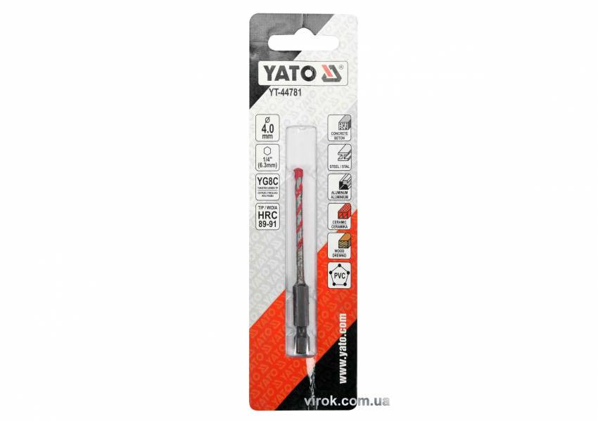 Свердло універсальне YATO: YG6X, Ø= 4 мм, l= 85/30 мм, HEX-1/4"-YT-44781