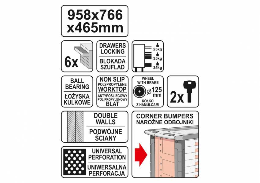 Шафа-візок для інструментів YATO з 6 ящиками, 958x766x465мм-YT-0902