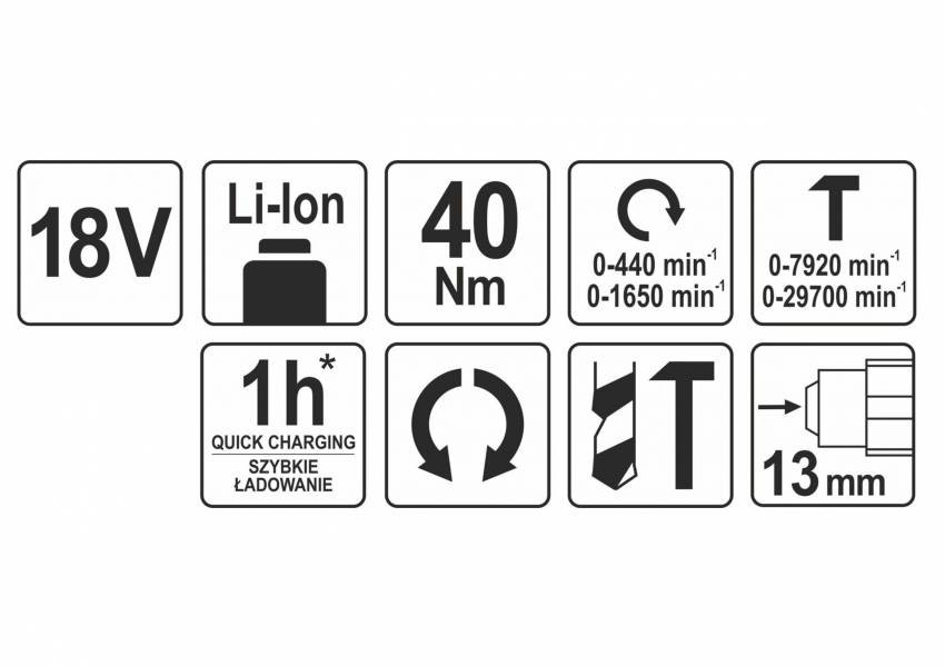 Шуруповерт-дриль ударний акумуляторний YATO 18 В 40 Нм (без акумулятора і зарядного пристрою)-YT-82787