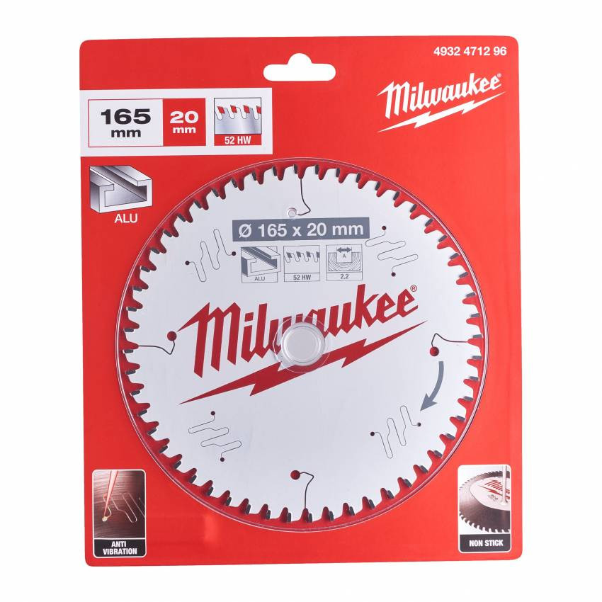 Диск пильний Alu PFTE MILWAUKEE, Ø165х20х2, 2мм, 52 зуб.-4932471296