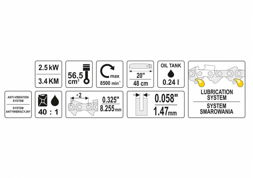 Бензопила ланцюгова YATO 56.5 см³ 2.5 кВт шина- 20" (48 см)-YT-84910
