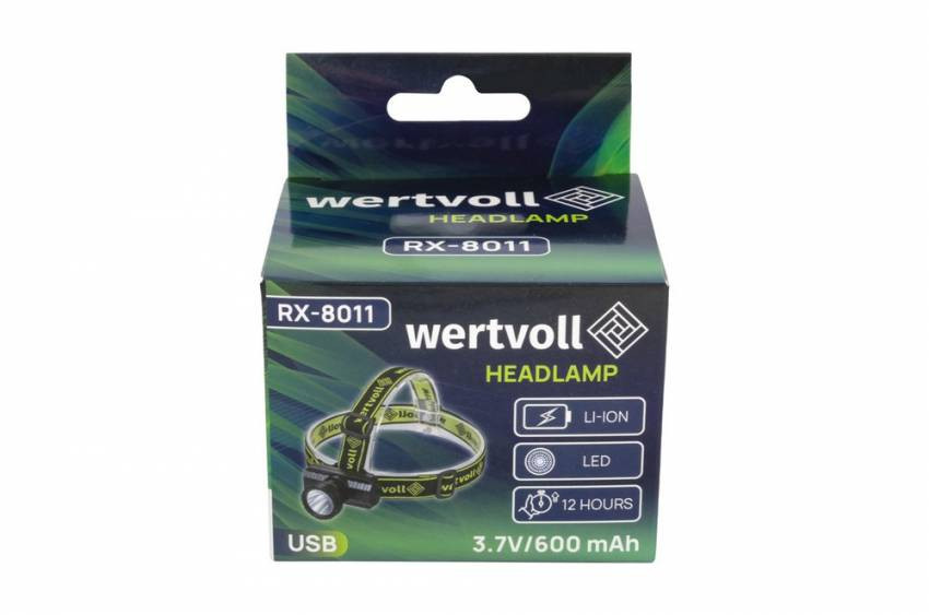 Ліхтар налобний WERTVOLL 3 режими LED IP44 Li-ion 600 mAh/t 8000 K/90 lum ABS 71х62х37 мм RX-8011-RX-8011