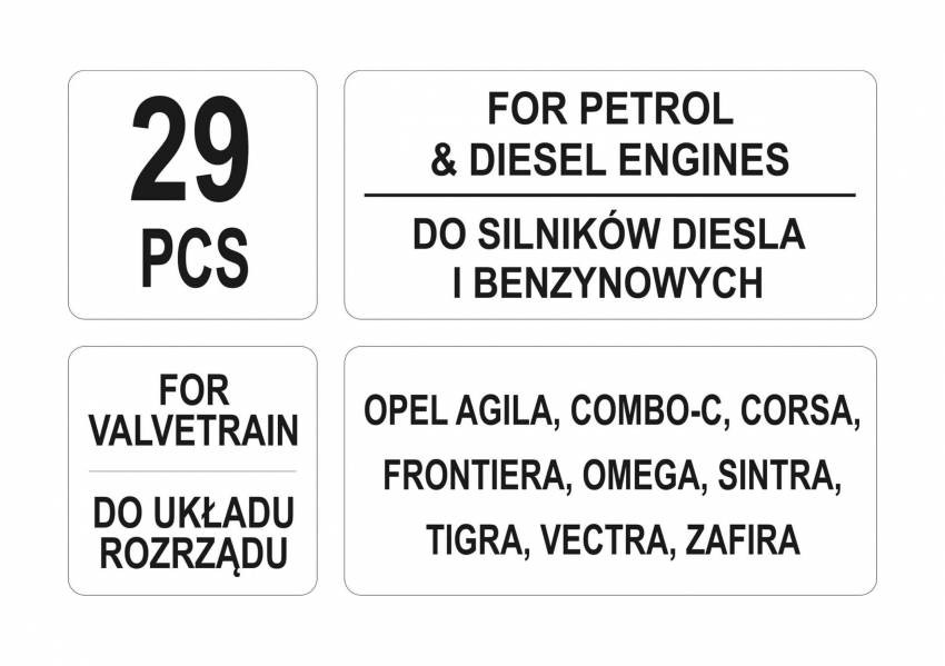 Фіксатори ГРМ дизельних та бензинових двигунів автогрупи OPEL YATO, компл. 29 елем.-YT-06007