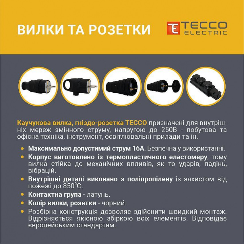 Вилка ТЕССО штепсельна без заземлення біла 6А, 250V~ 1шт/уп-TA 2003