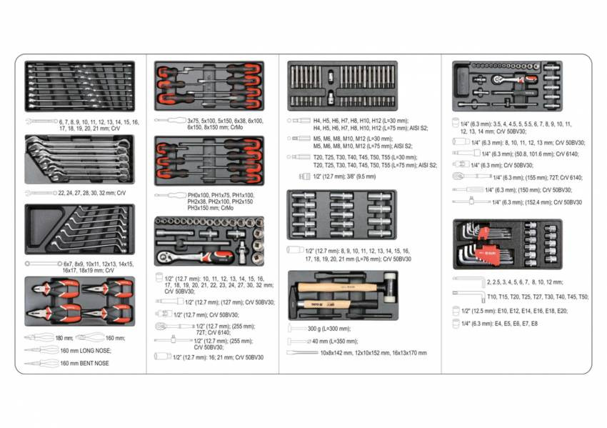 Шафа з інструментами YATO, на колесах, 6 ящиків, 97x 77x 47 см, набір 185 шт.-YT-55307